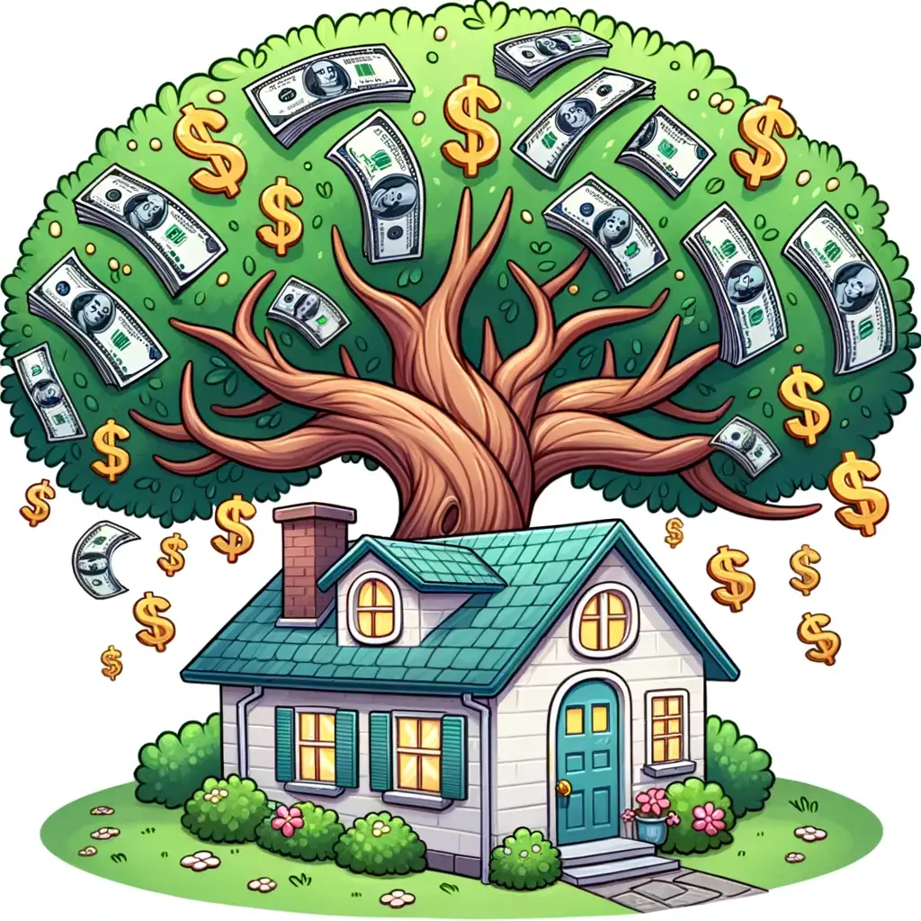 a quaint cottage with a tree growing directly from its center. The branches of the tree are adorned with dollar bills and gold